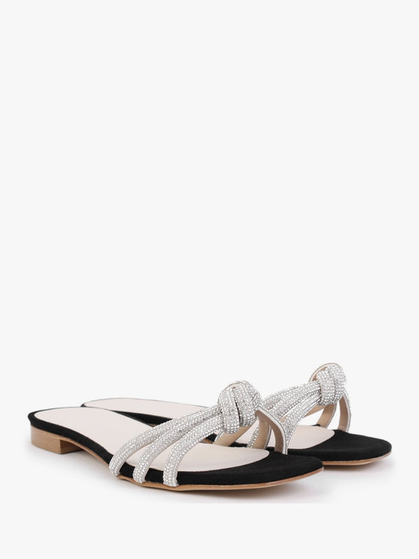 Flatante Black Suede Twisted Diamante Mules