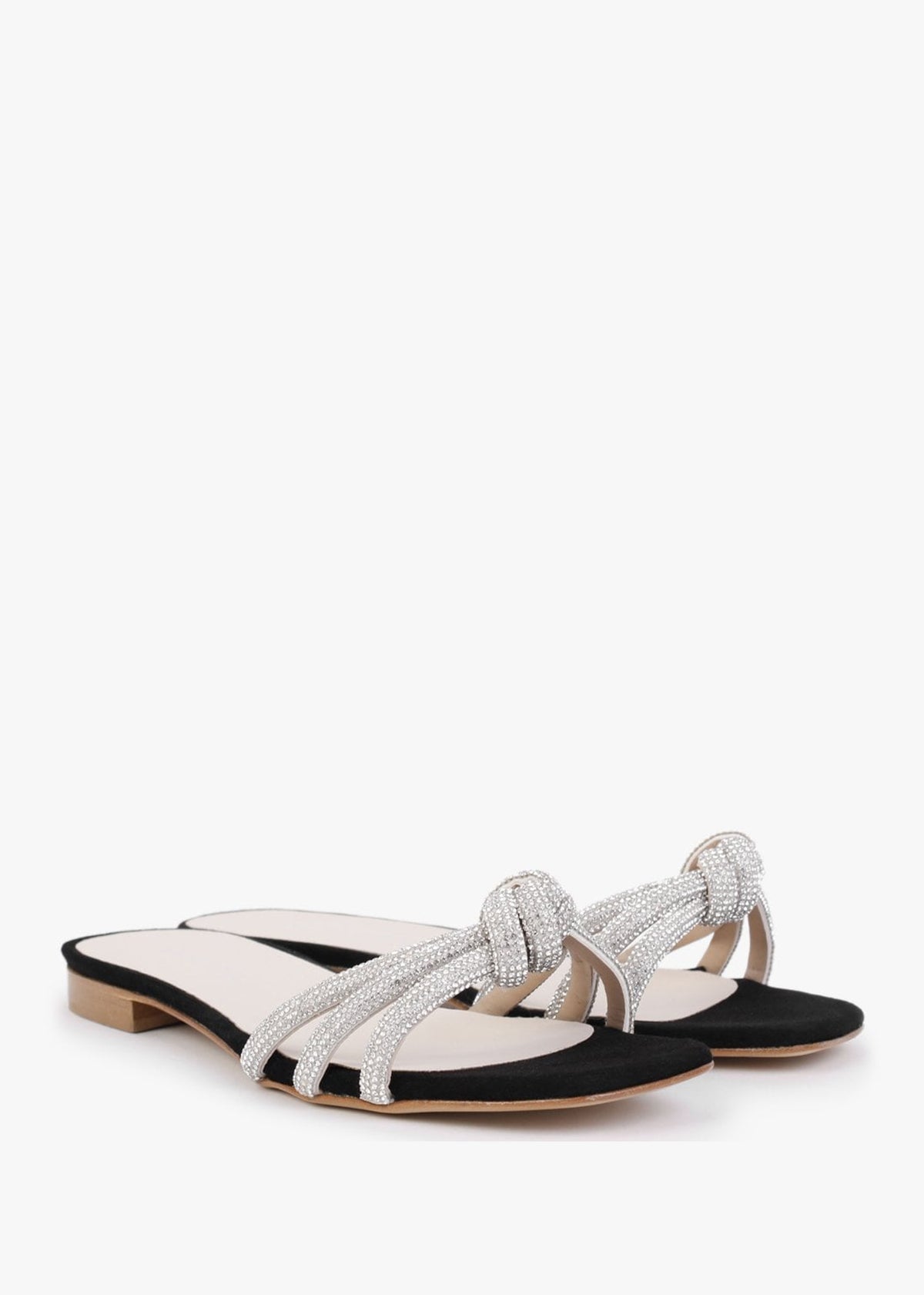 Flatante Black Suede Twisted Diamante Mules