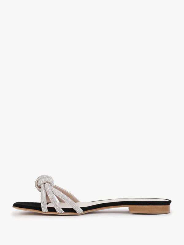 Flatante Black Suede Twisted Diamante Mules