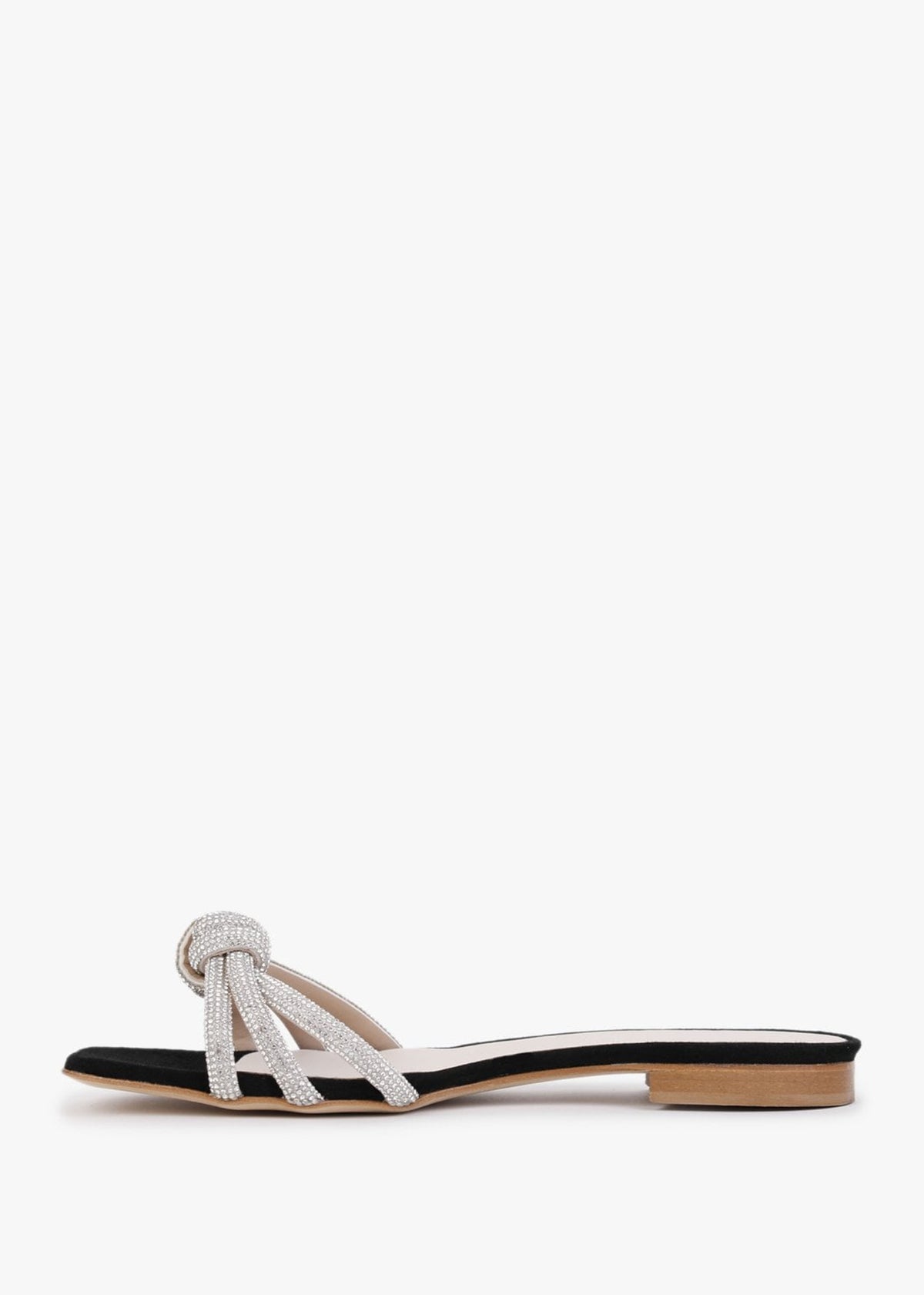 Flatante Black Suede Twisted Diamante Mules