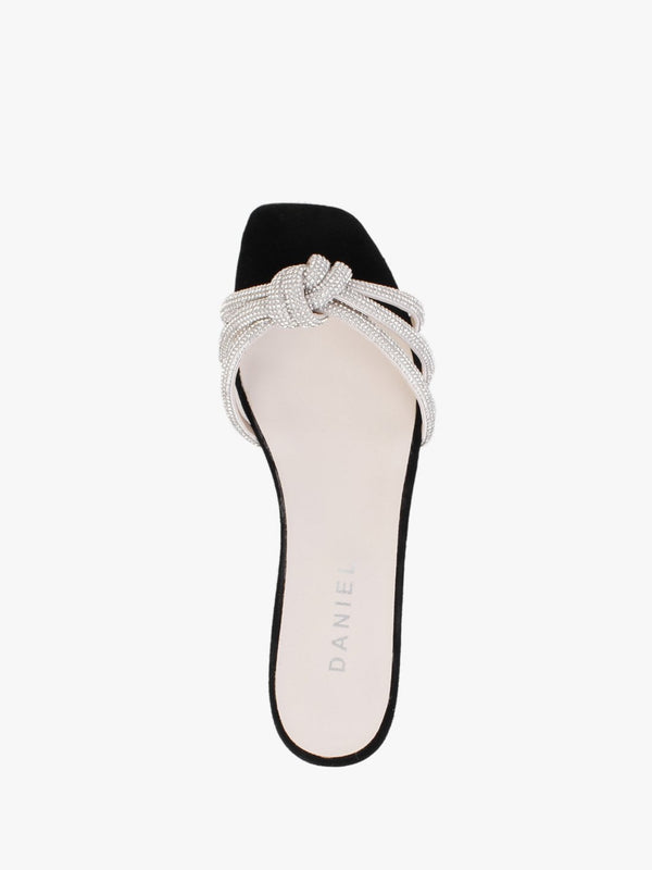 Flatante Black Suede Twisted Diamante Mules