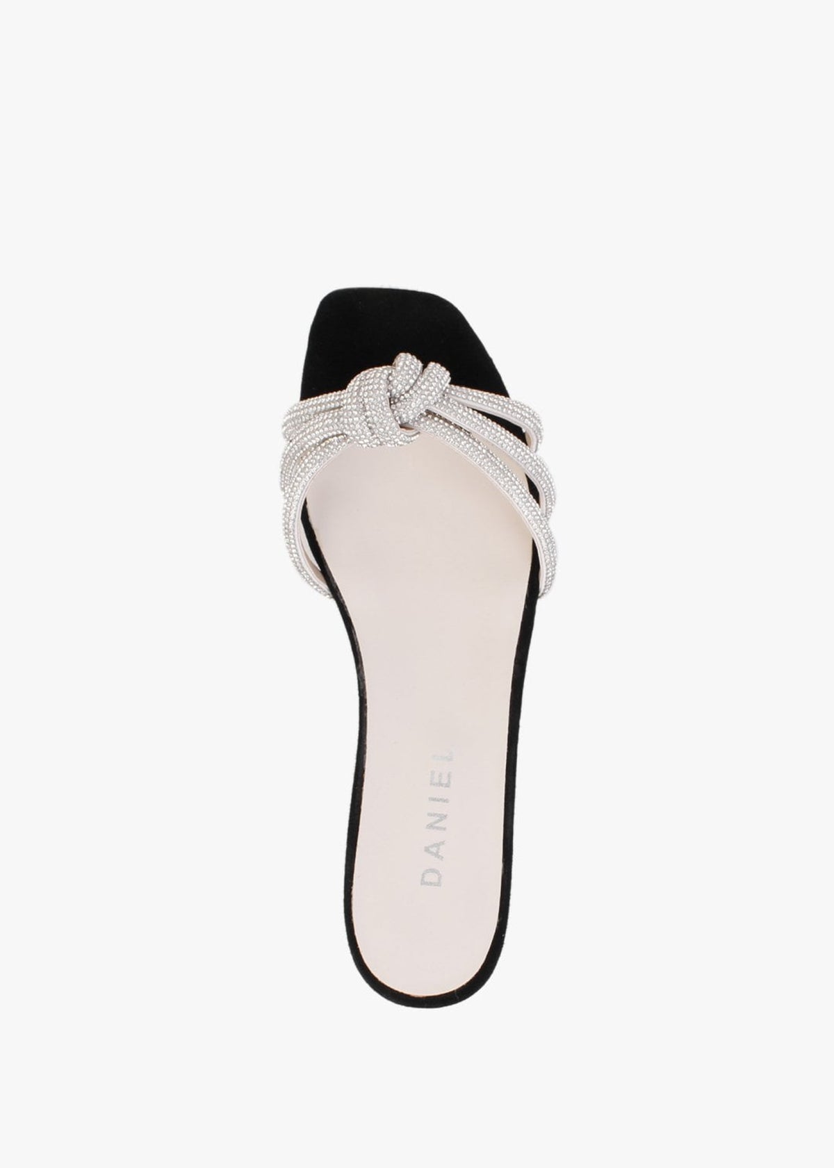 Flatante Black Suede Twisted Diamante Mules
