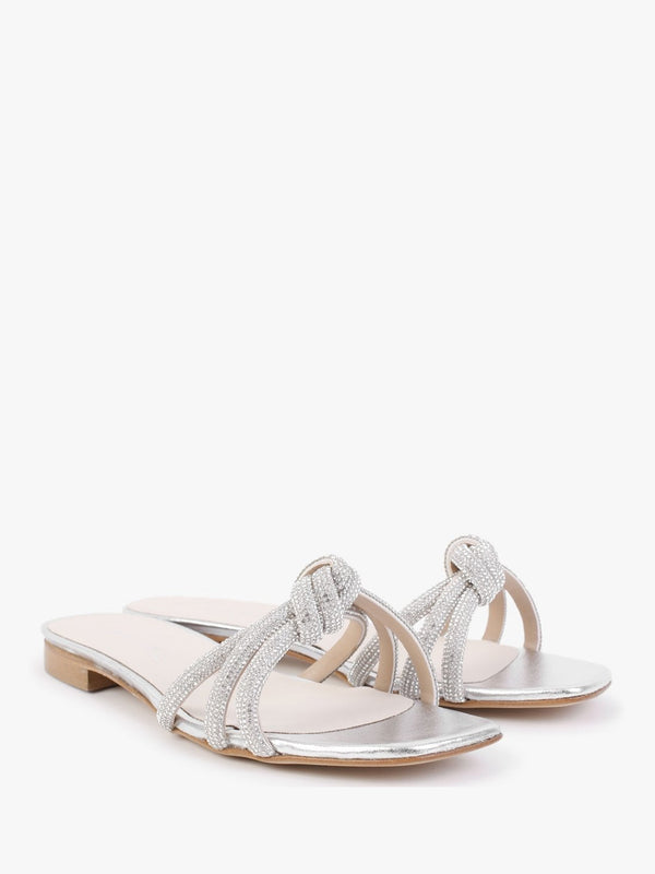 Flatante Silver Leather Twisted Diamante Mules