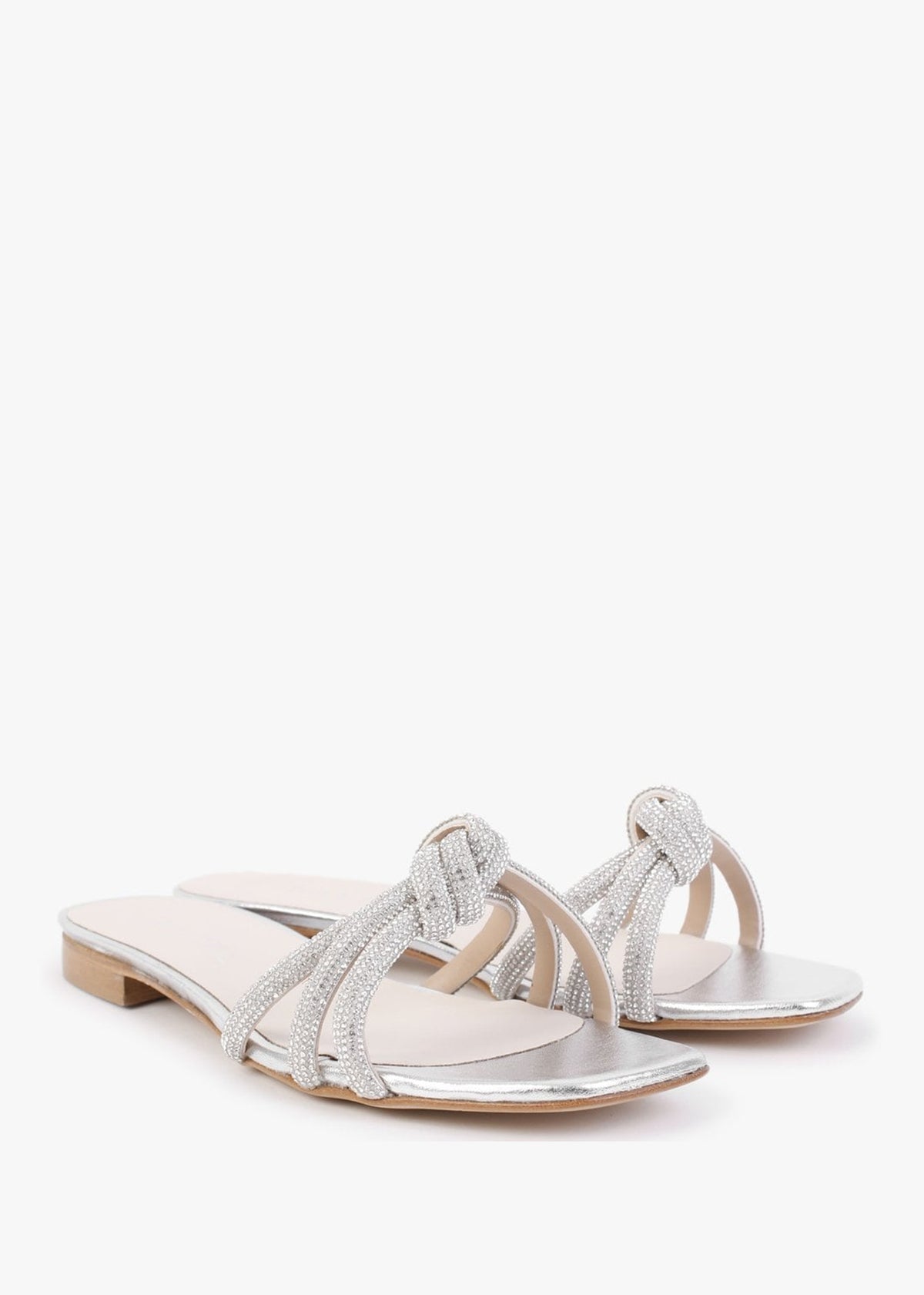 Flatante Silver Leather Twisted Diamante Mules