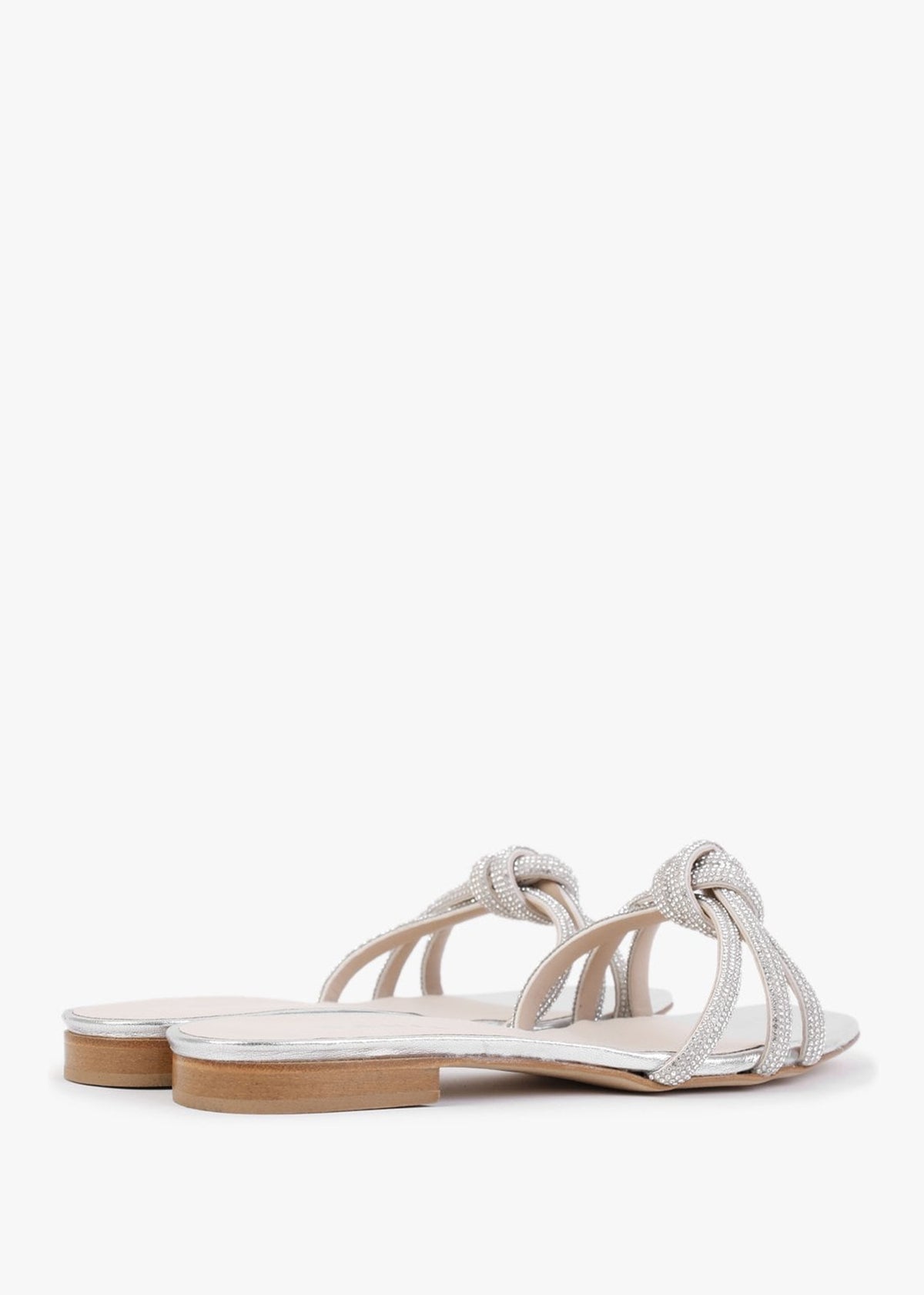 Flatante Silver Leather Twisted Diamante Mules