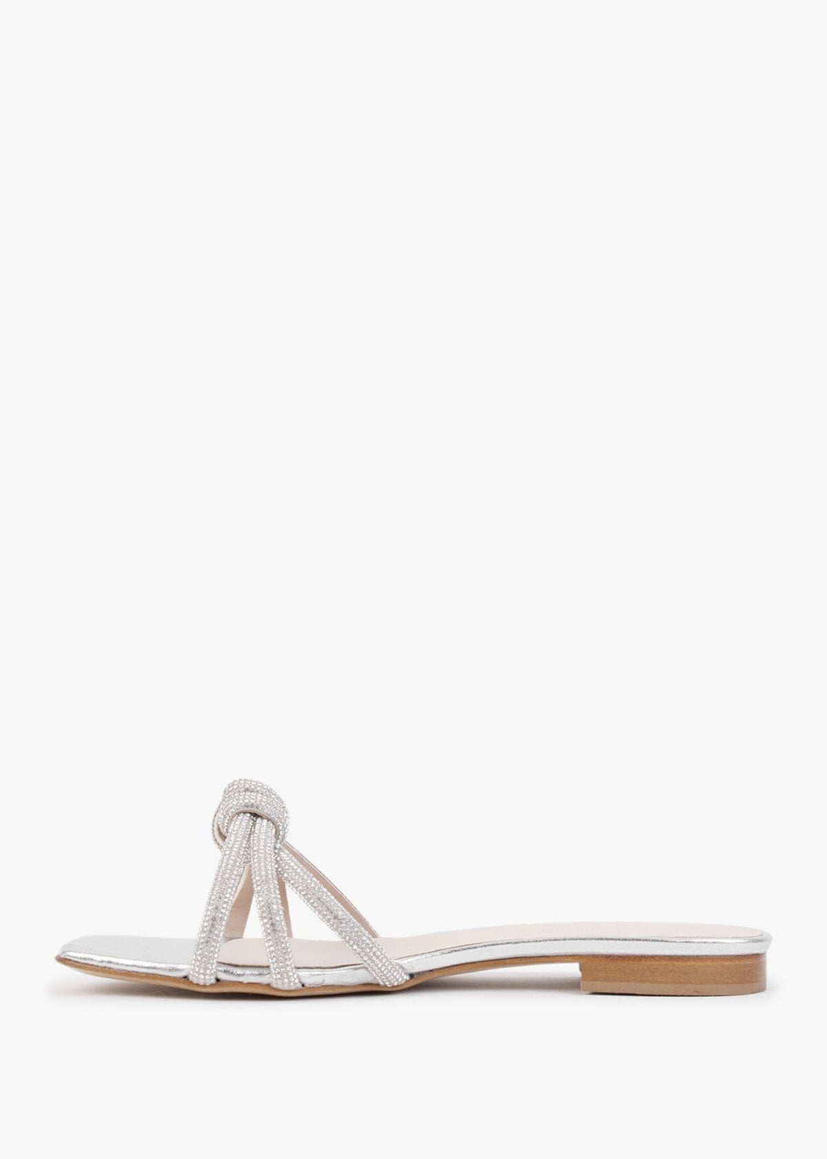 Flatante Silver Leather Twisted Diamante Mules