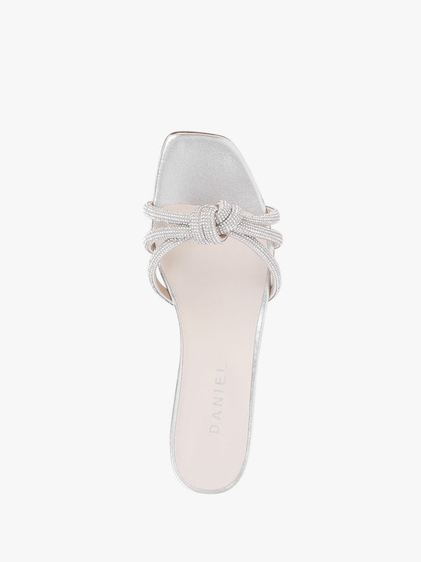 Flatante Silver Leather Twisted Diamante Mules