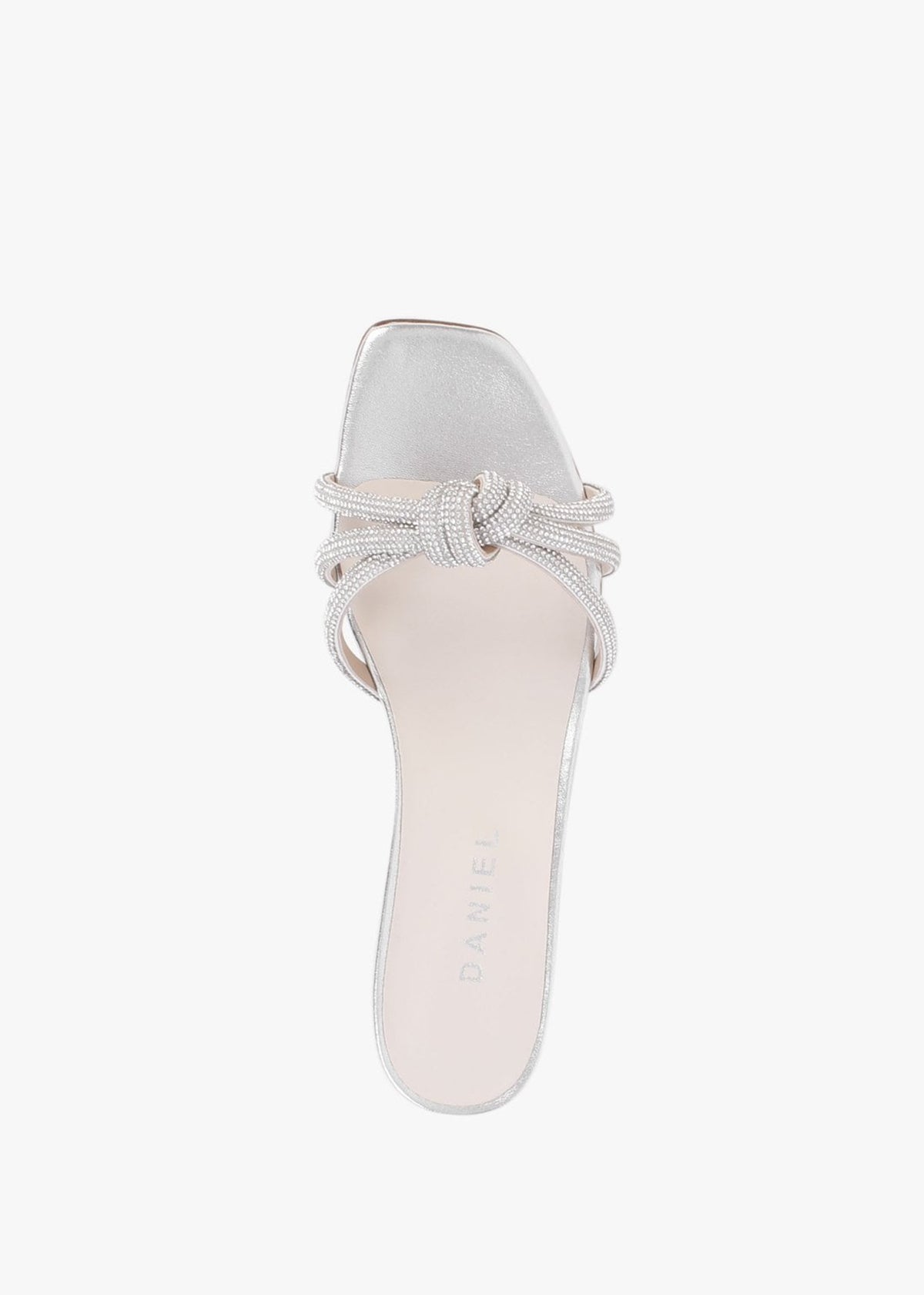 Flatante Silver Leather Twisted Diamante Mules