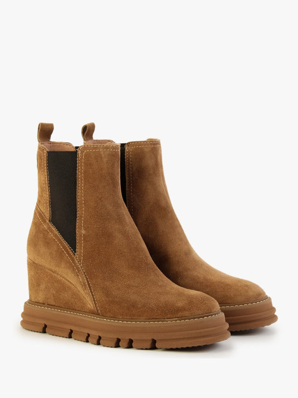 Fondant Tan Suede Wedge Ankle Boots