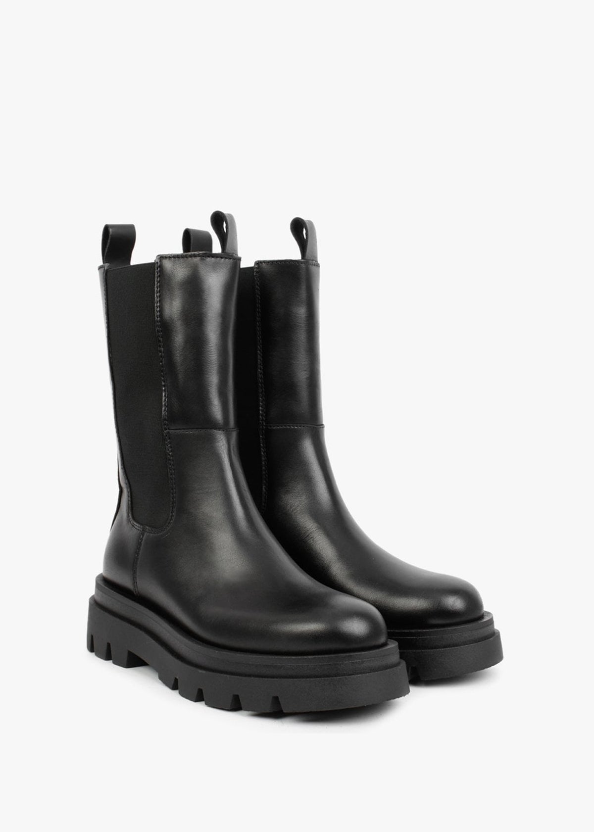 Okra Black Leather Tractor Sole Calf Boots