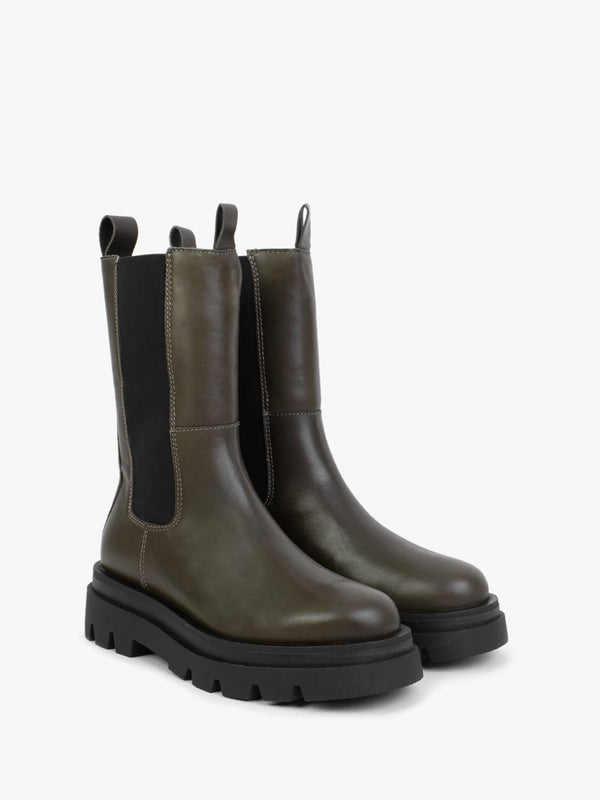 Okra Khaki Leather Tractor Sole Calf Boots
