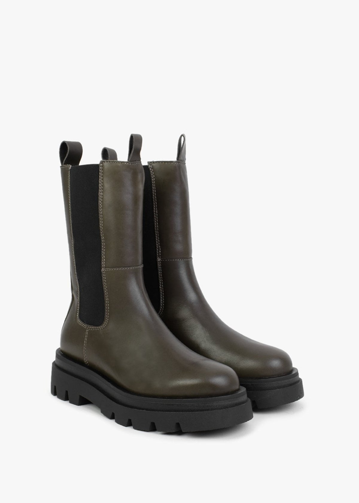 Okra Khaki Leather Tractor Sole Calf Boots
