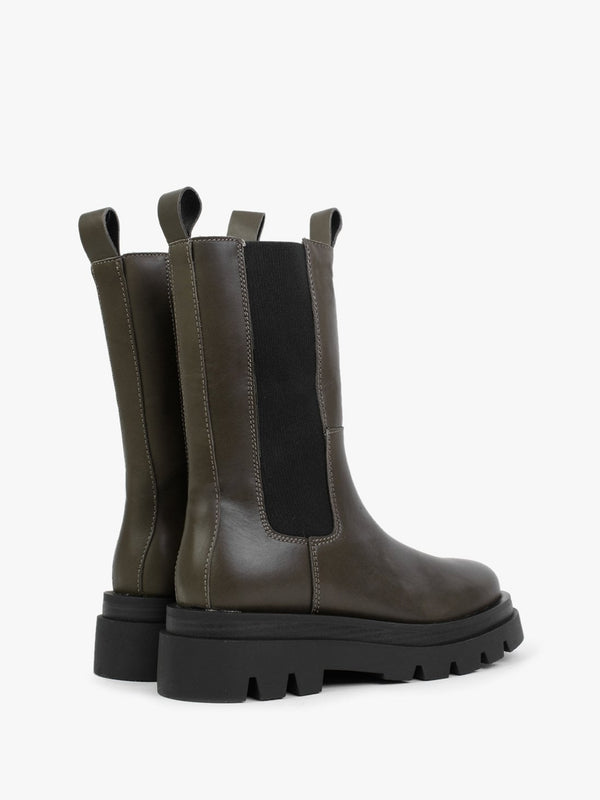 Okra Khaki Leather Tractor Sole Calf Boots