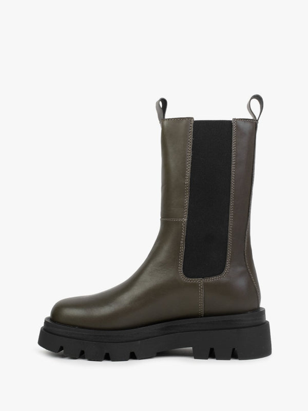 Okra Khaki Leather Tractor Sole Calf Boots