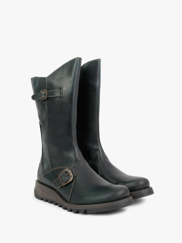 Mes II Petrol Leather Low Wedge Calf Boots