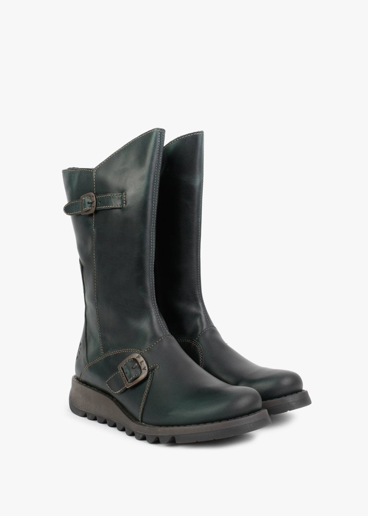 Mes II Petrol Leather Low Wedge Calf Boots