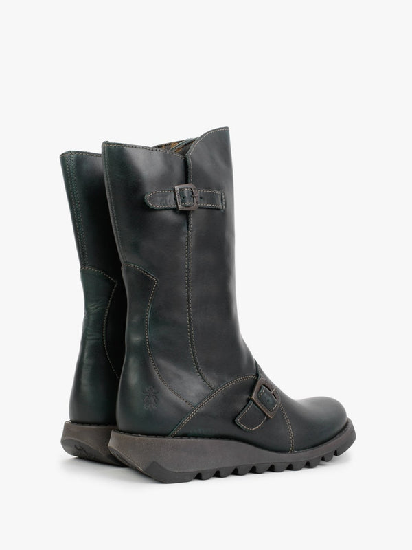 Mes II Petrol Leather Low Wedge Calf Boots