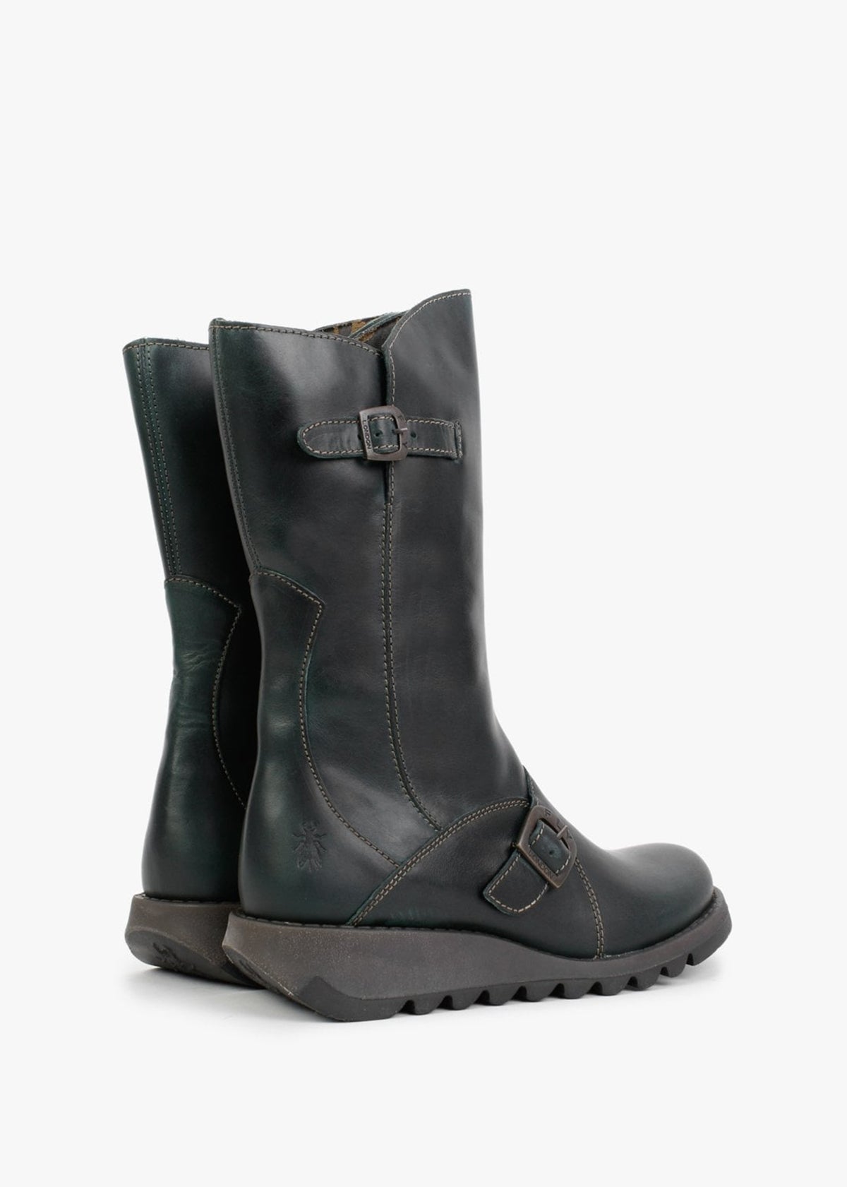 Mes II Petrol Leather Low Wedge Calf Boots