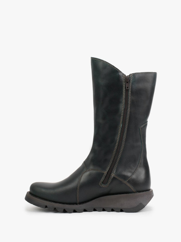Mes II Petrol Leather Low Wedge Calf Boots