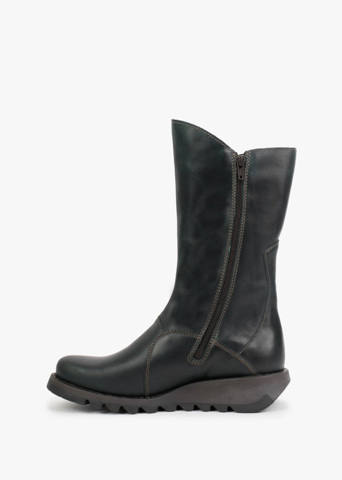 Mes II Petrol Leather Low Wedge Calf Boots