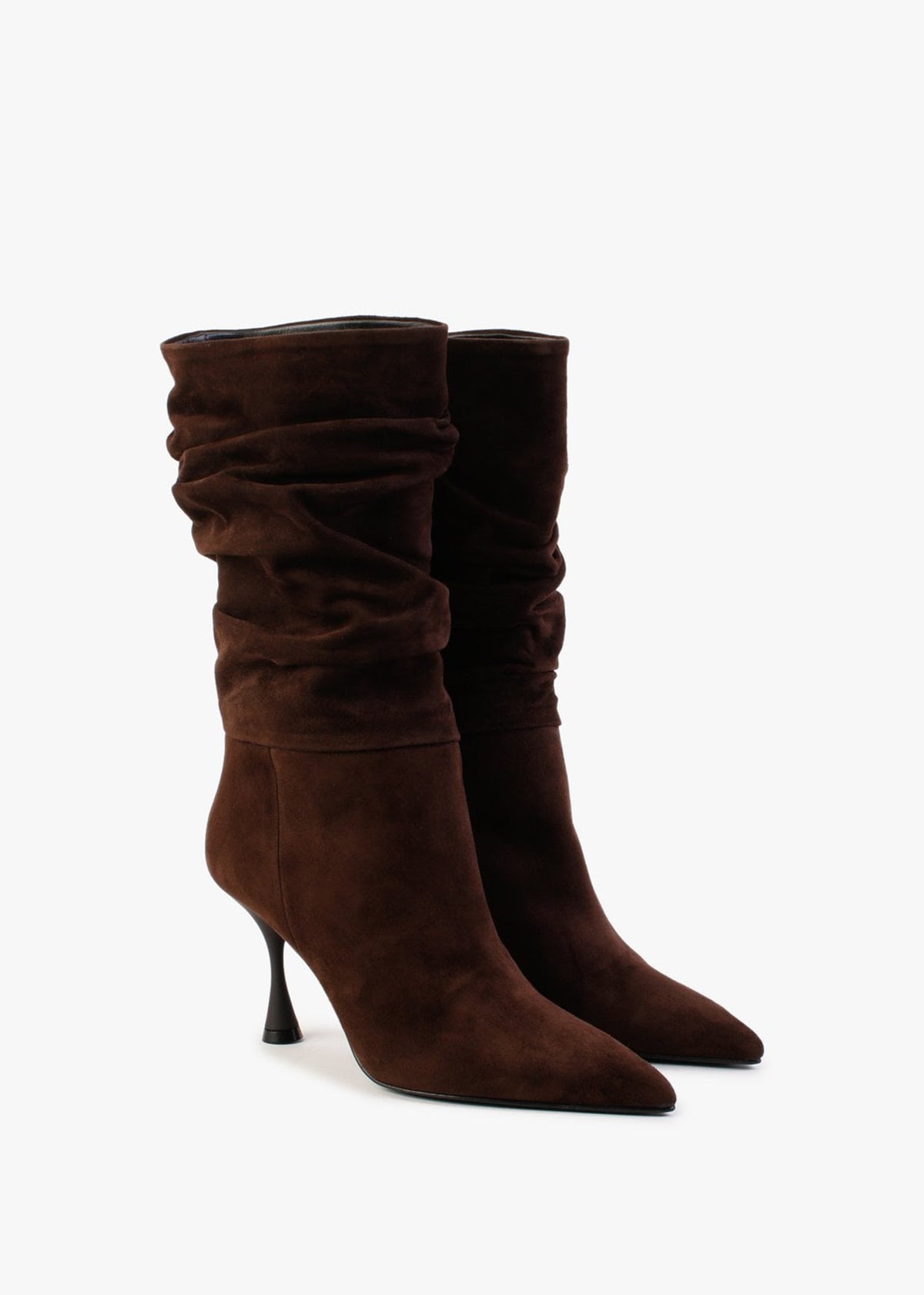 Fointed Brown Suede Ruched Calf Boots