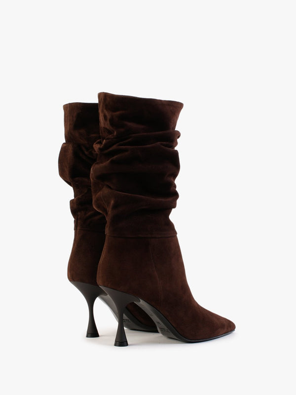 Fointed Brown Suede Ruched Calf Boots