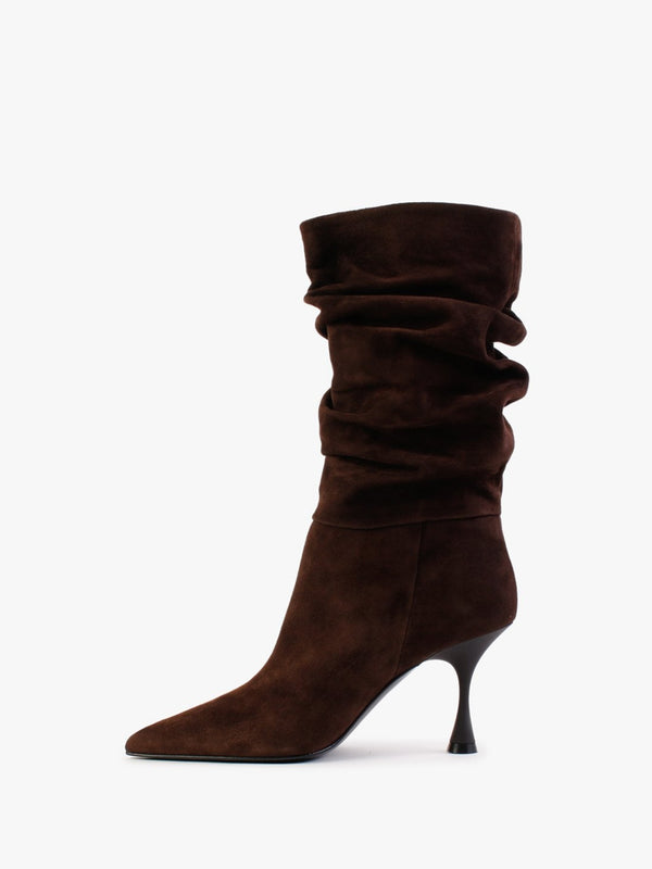 Fointed Brown Suede Ruched Calf Boots