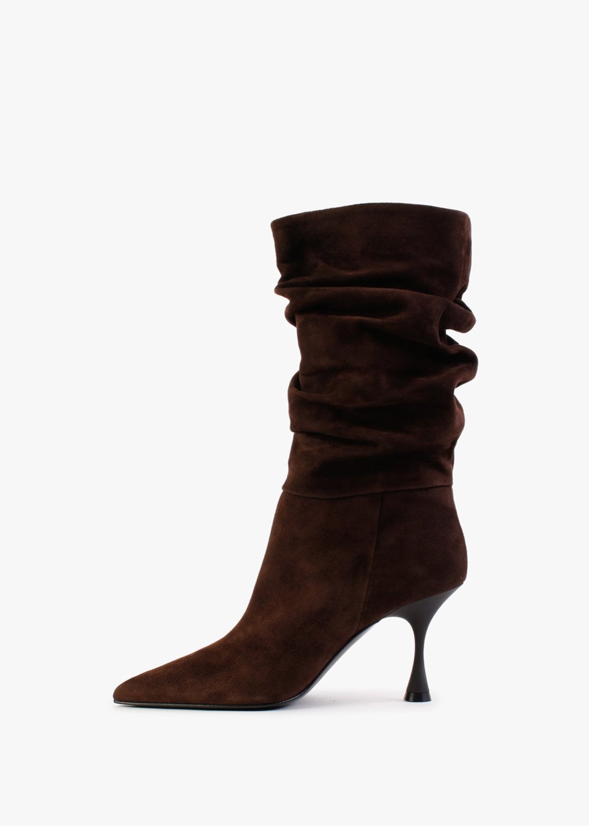 Fointed Brown Suede Ruched Calf Boots