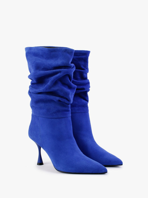 Fointed Blue Suede Ruched Calf Boots