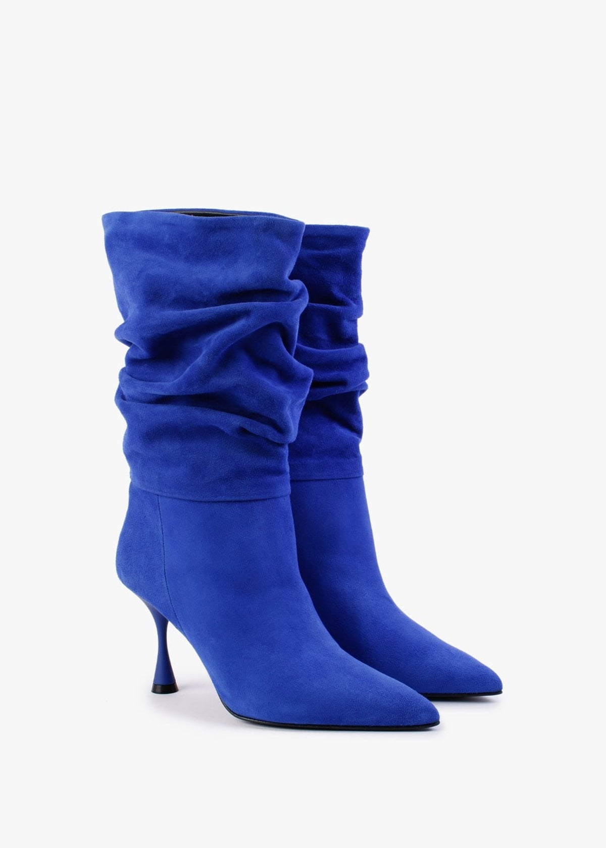 Fointed Blue Suede Ruched Calf Boots