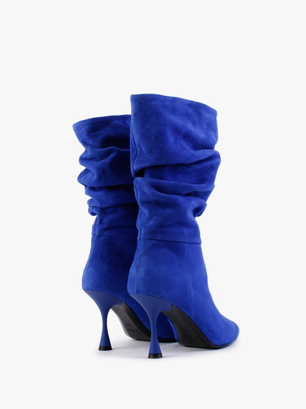 Fointed Blue Suede Ruched Calf Boots