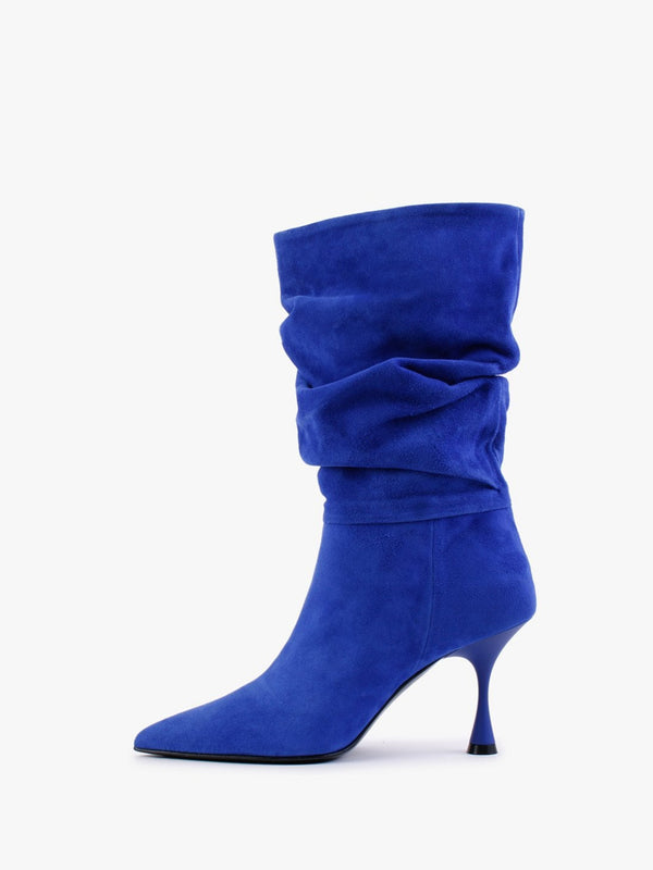 Fointed Blue Suede Ruched Calf Boots