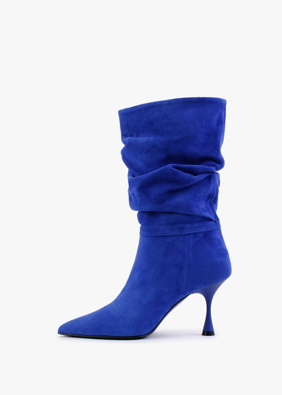 Fointed Blue Suede Ruched Calf Boots