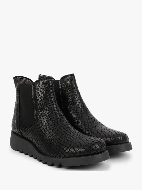 Salv Black Leather Moc Croc Wedge Chelsea Boots