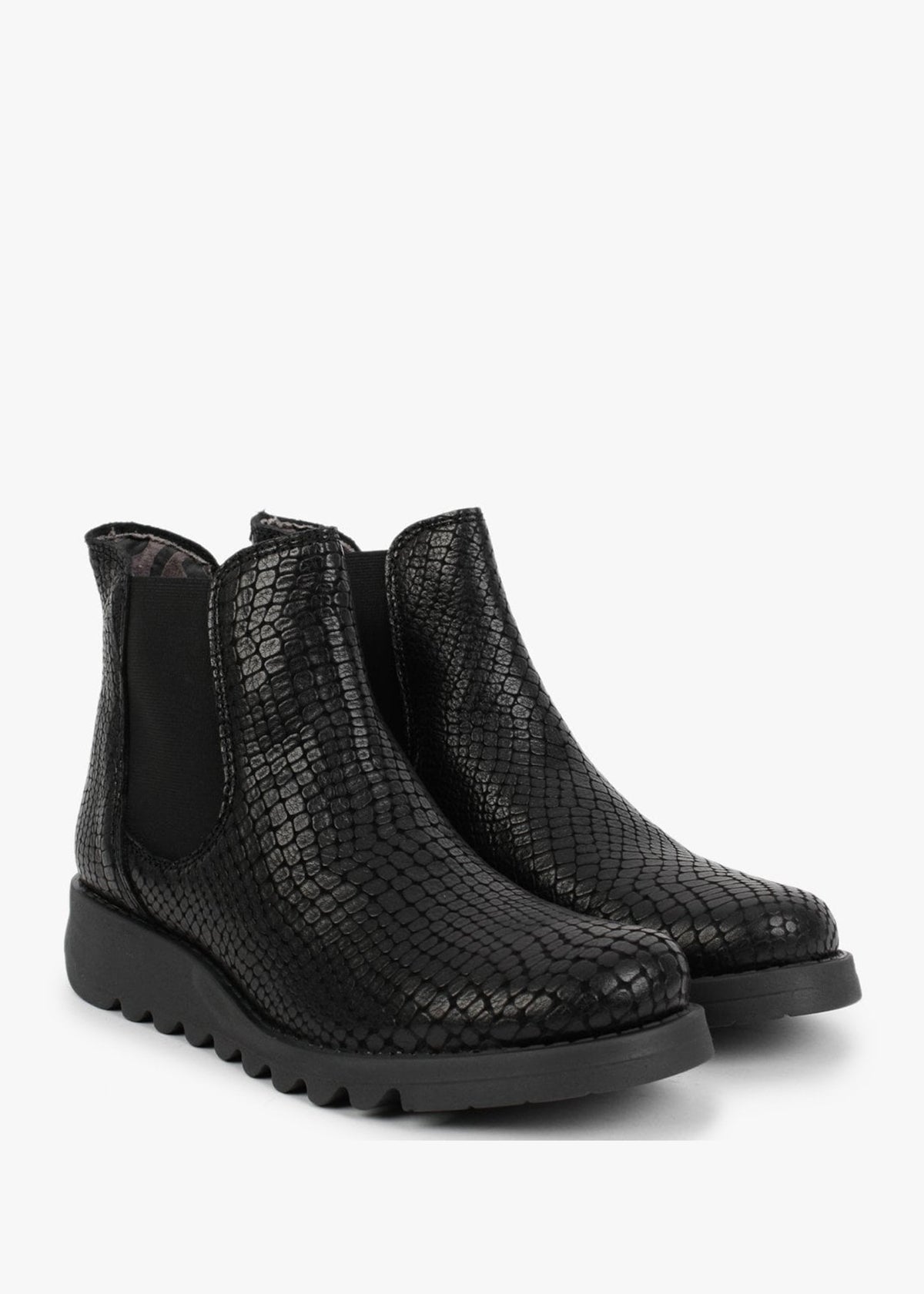 Salv Black Leather Moc Croc Wedge Chelsea Boots