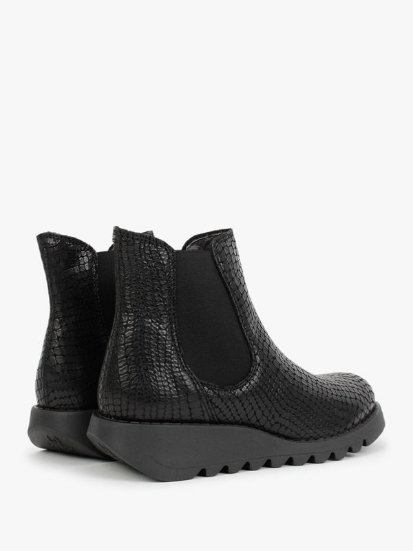 Salv Black Leather Moc Croc Wedge Chelsea Boots