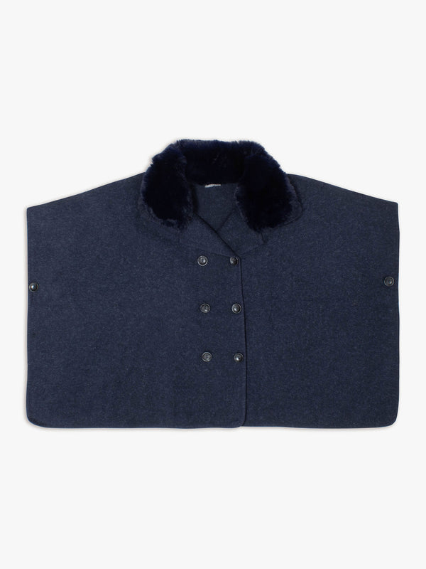 Navy Faux Fur Trim Double Breasted Cape