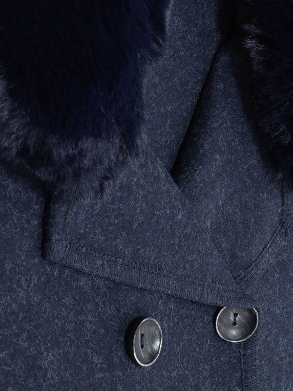 Navy Faux Fur Trim Double Breasted Cape