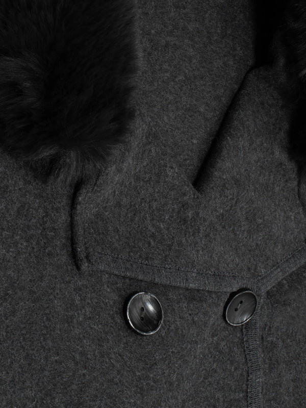 Charcoal Faux Fur Trim Double Breasted Cape