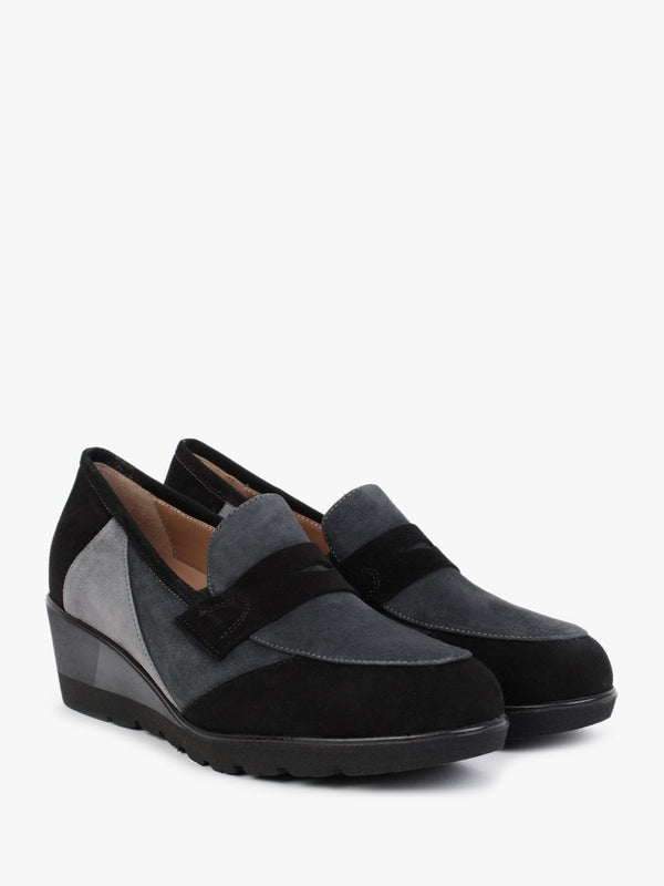 Connie Black & Grey Suede Wedge Loafers