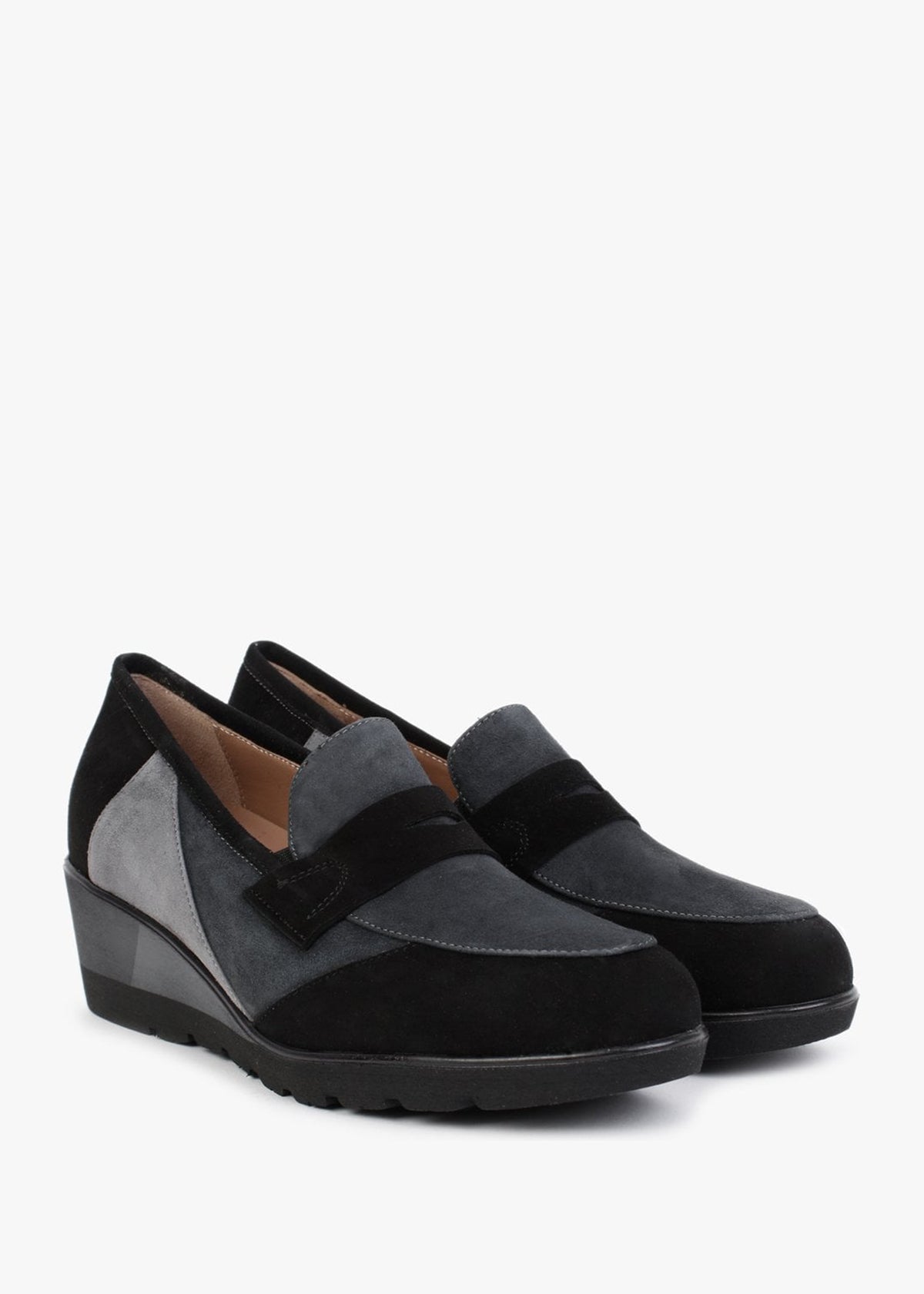 Connie Black & Grey Suede Wedge Loafers