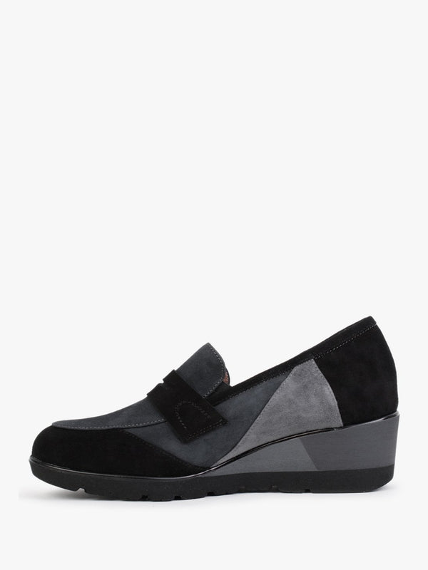 Connie Black & Grey Suede Wedge Loafers