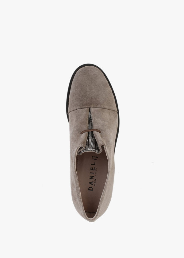 Crystie Taupe Suede Embellished Oxford Shoes
