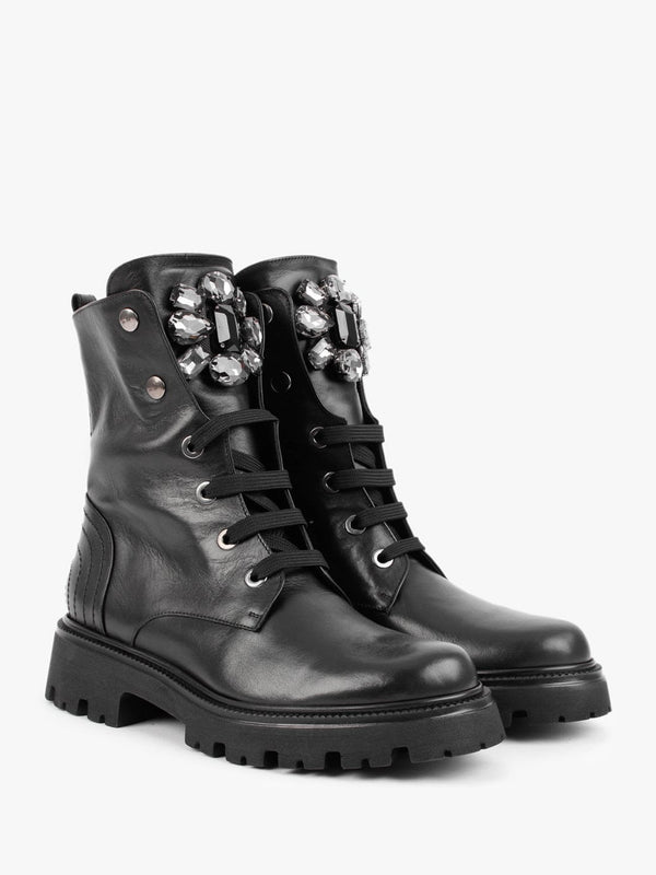 Evajewell Black Leather Embellished Ankle Boots