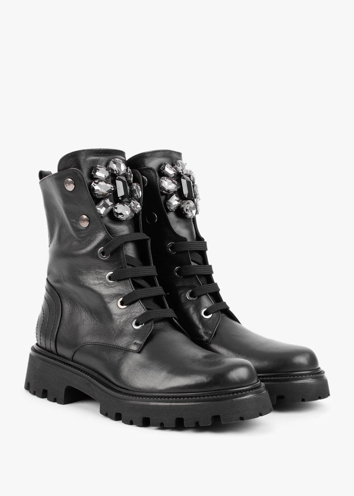 Evajewell Black Leather Embellished Ankle Boots