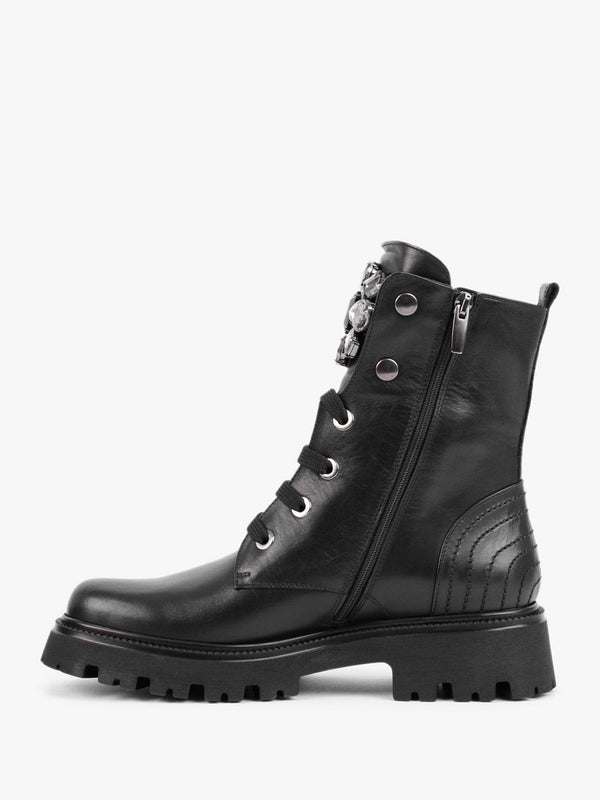 Evajewell Black Leather Embellished Ankle Boots