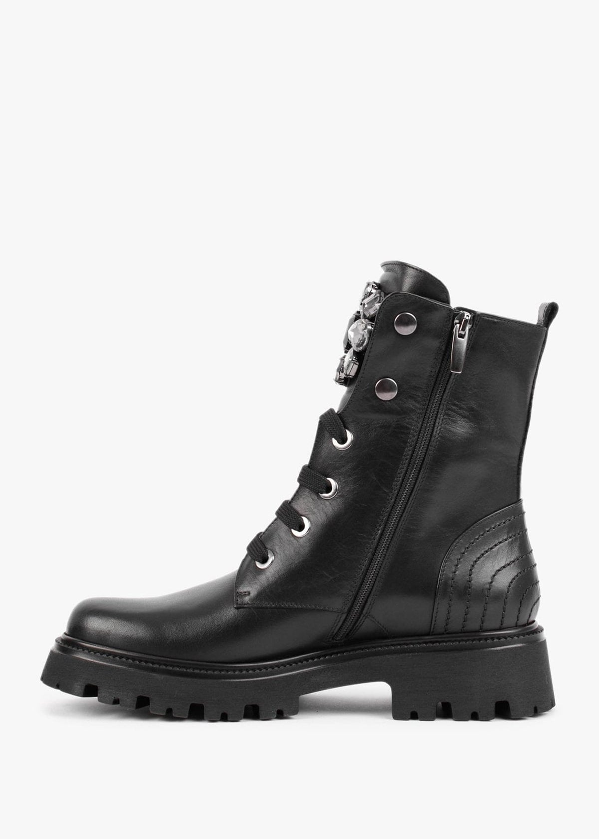 Evajewell Black Leather Embellished Ankle Boots