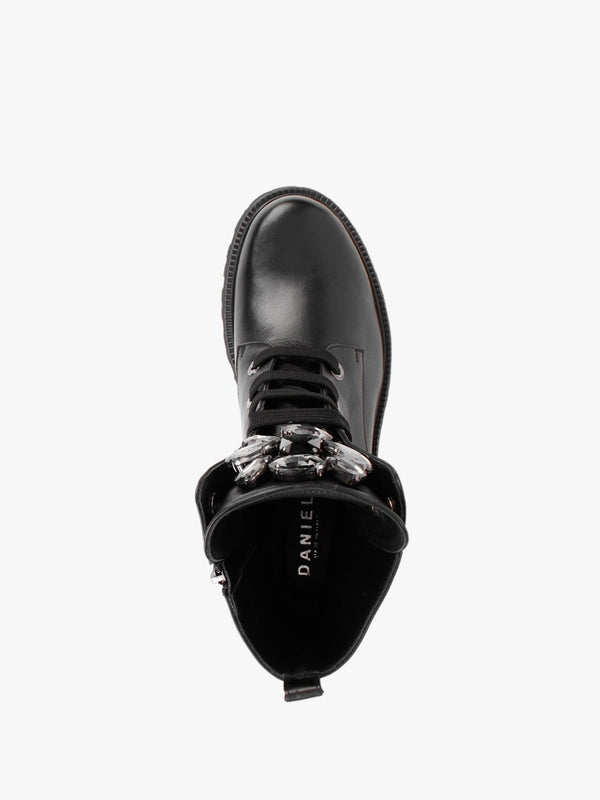 Evajewell Black Leather Embellished Ankle Boots