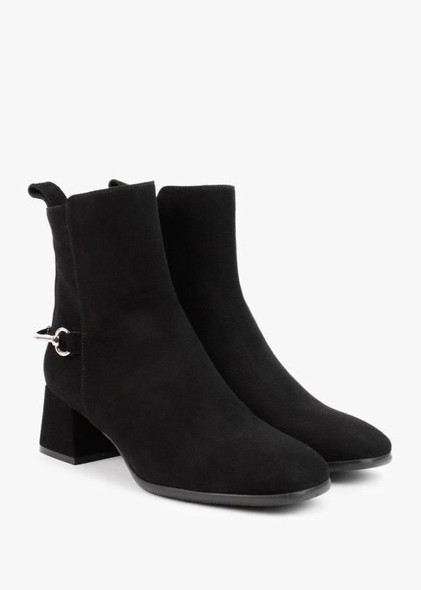 Evalena Black Suede Block Heel Ankle Boots