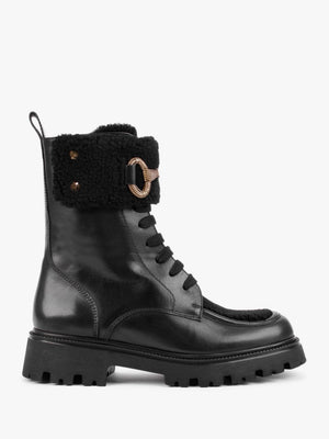 Evashearl Black Leather & Faux Shearling Ankle Boots